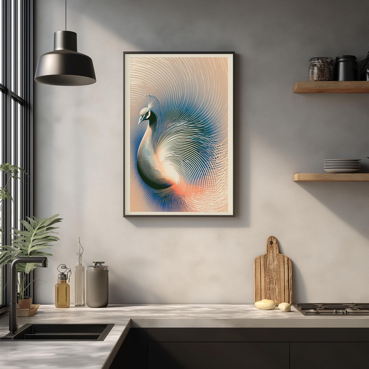 a modern kitchen with a large framed artwork of a peacock on the wall above a wooden cutting board and a sink.