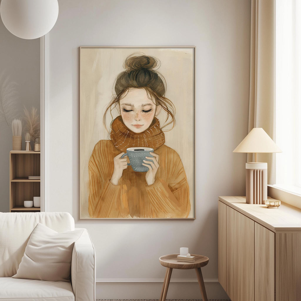a cozy living room with a large painting of a woman holding a cup of coffee hanging on the wall. The painting is the focal point of the room, and the room itself is decorated with a white sofa, a wooden side table, and a lamp.