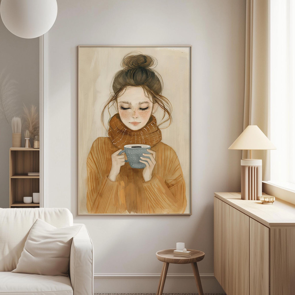 a cozy living room with a large painting of a woman holding a cup of coffee hanging on the wall. The painting is the focal point of the room, and the room itself is decorated with a white sofa, a wooden side table, and a lamp.