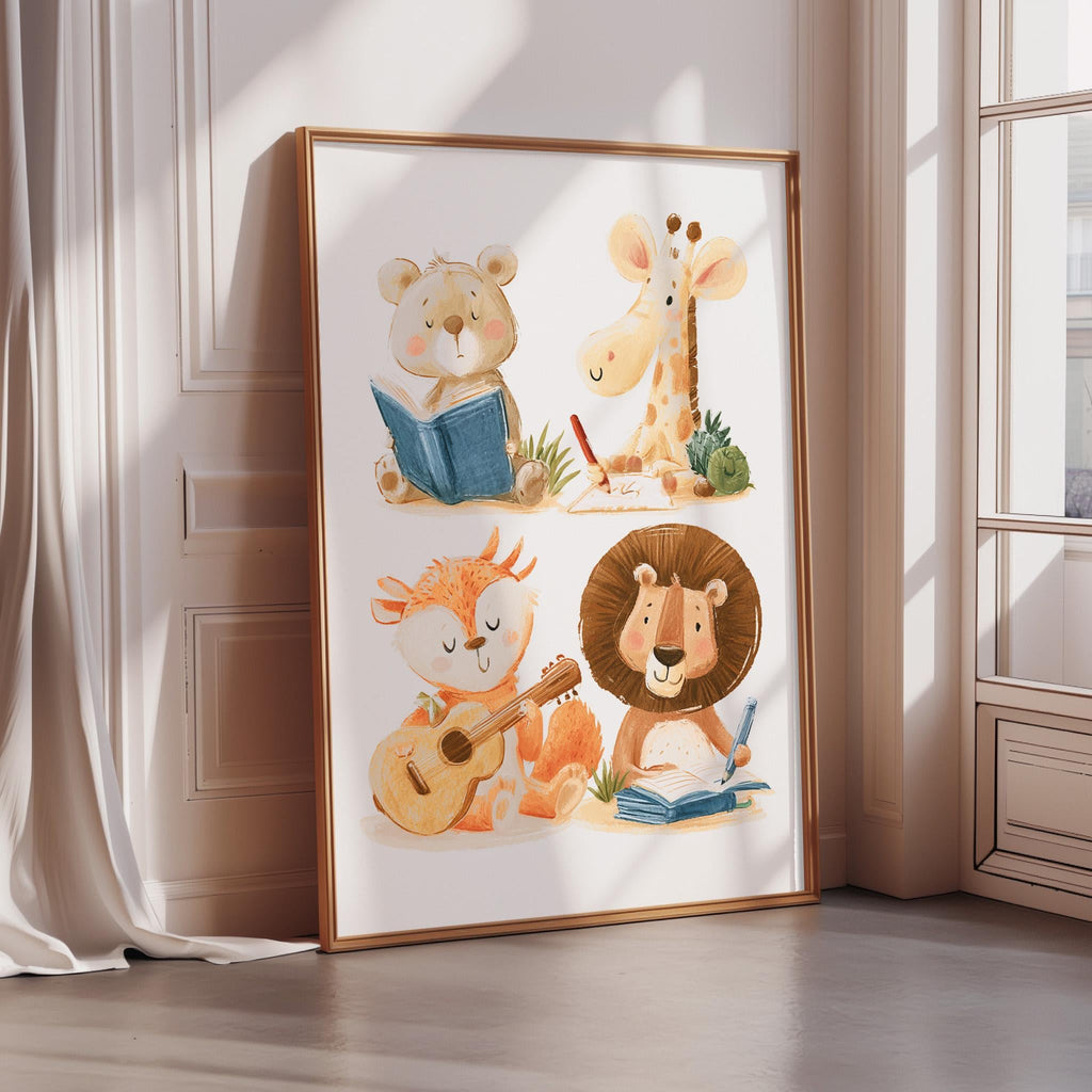 a framed collage of four animal illustrations, including a bear, a giraffe, a lion, and a cat, each engaged in different activities.