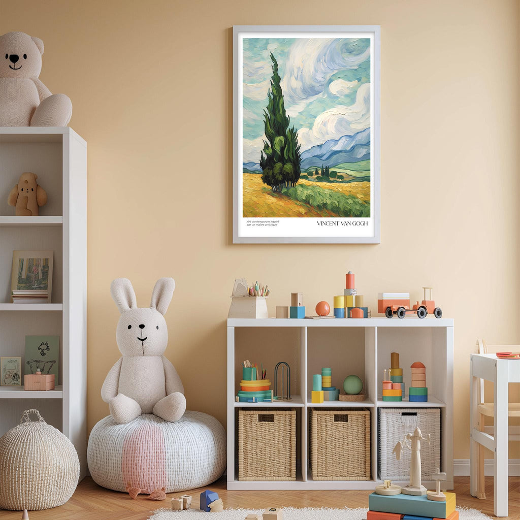 a child's bedroom with a large painting of a landscape hanging on the wall, a white bookshelf filled with toys, and a white bean bag chair.