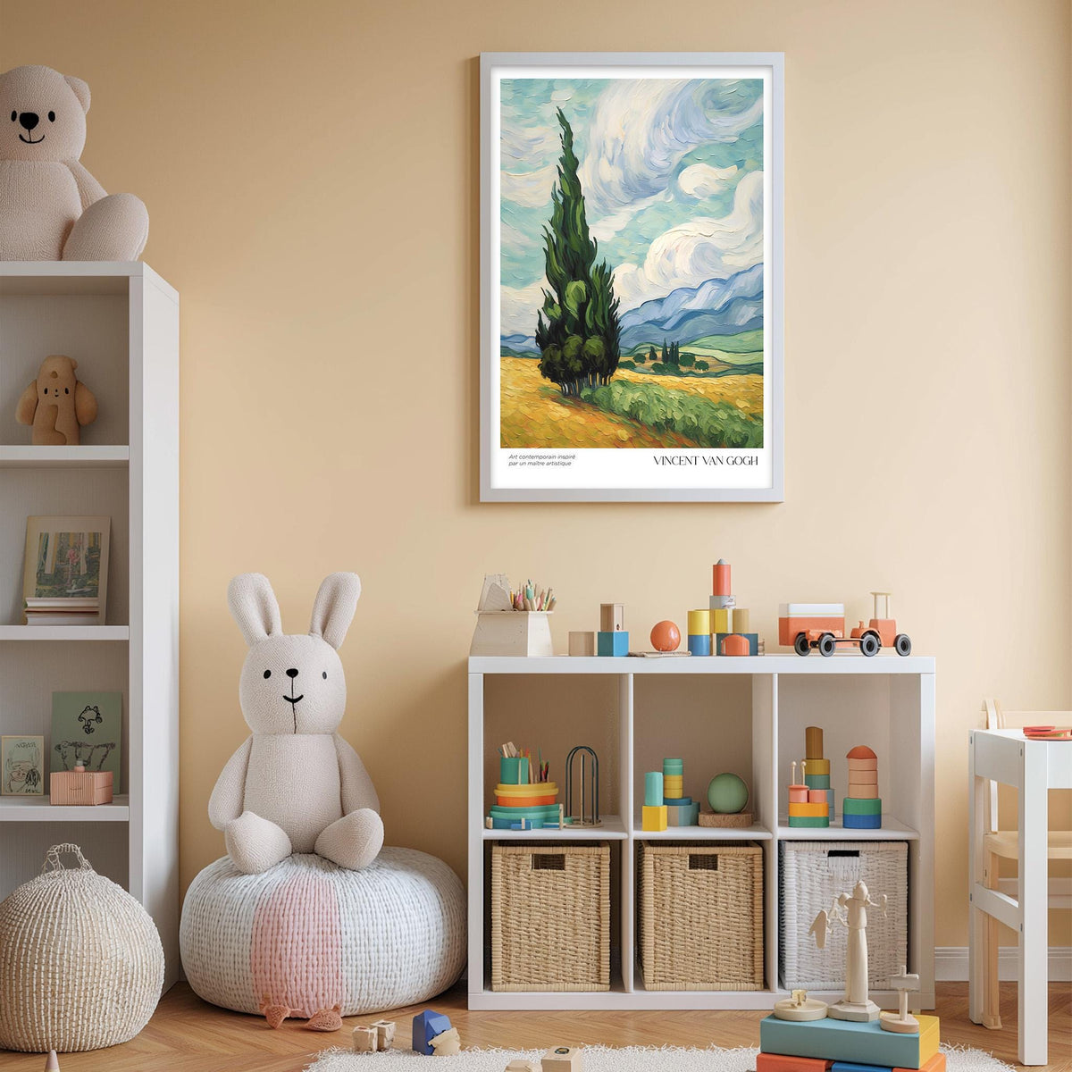a child's bedroom with a large painting of a landscape hanging on the wall, a white bookshelf filled with toys, and a white bean bag chair.