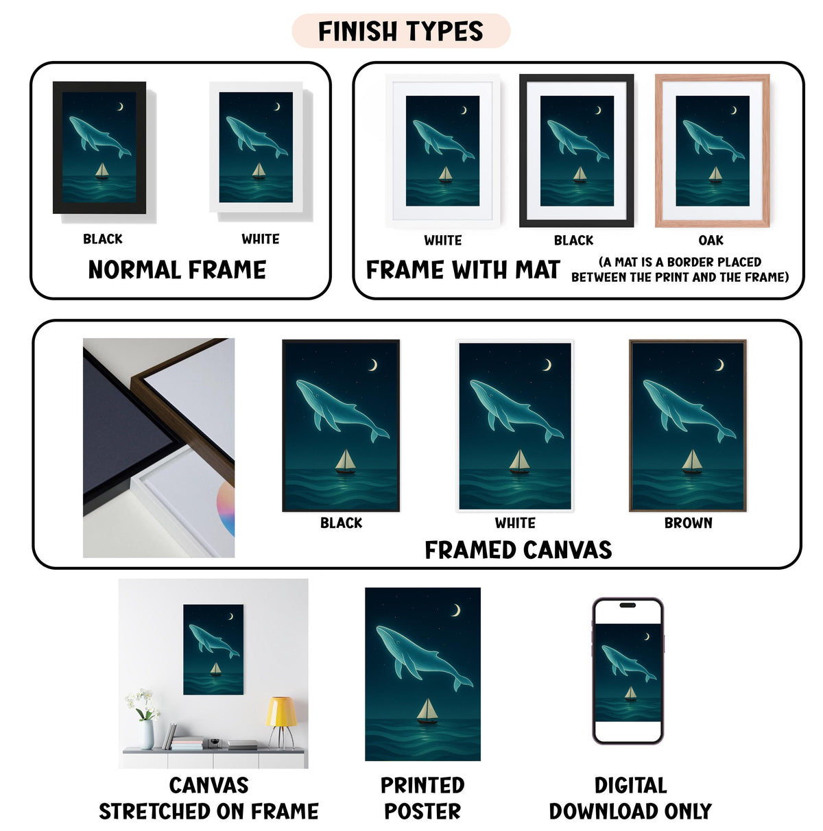 various types of artwork, including framed prints, canvas prints, and digital files, all featuring a whale and a boat. The artwork is presented in different frames and mat colors, showcasing the versatility of the artwork.