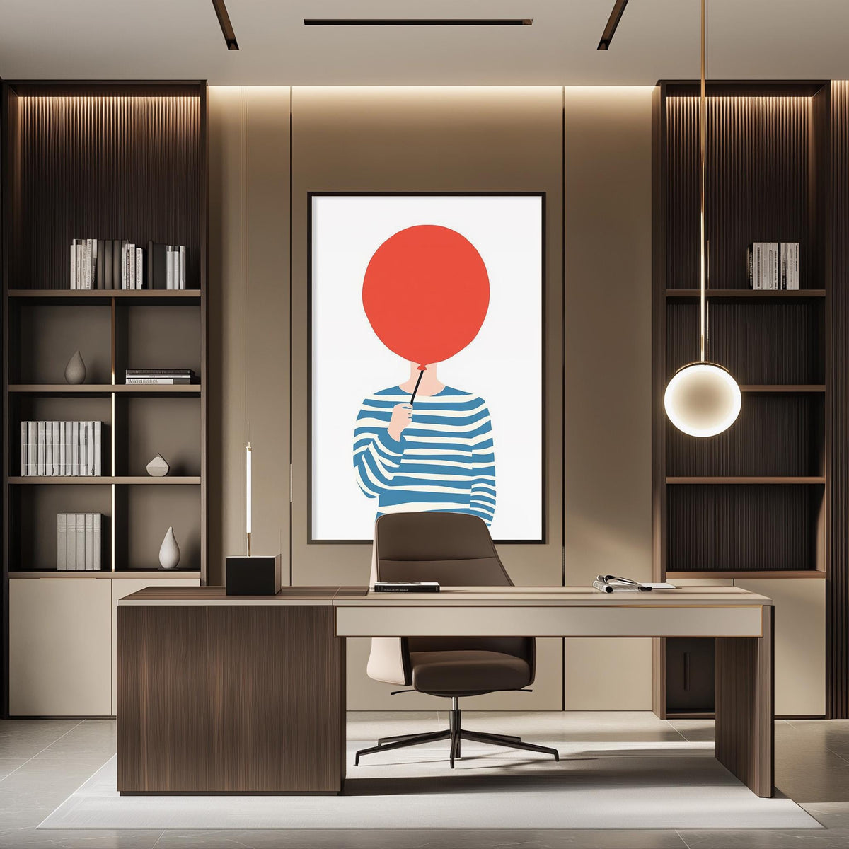 a modern and minimalist office space with a large abstract painting of a person holding a red circle on the wall. The office features a wooden desk, a comfortable chair, and a bookshelf filled with books. The overall design and layout of the space create a clean and professional atmosphere.