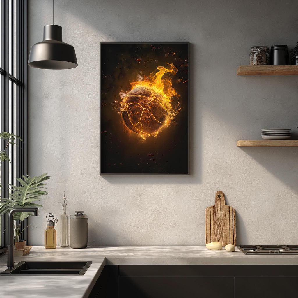 a modern kitchen with a large framed artwork depicting a fiery basketball on the wall above a wooden cutting board and other kitchen items.