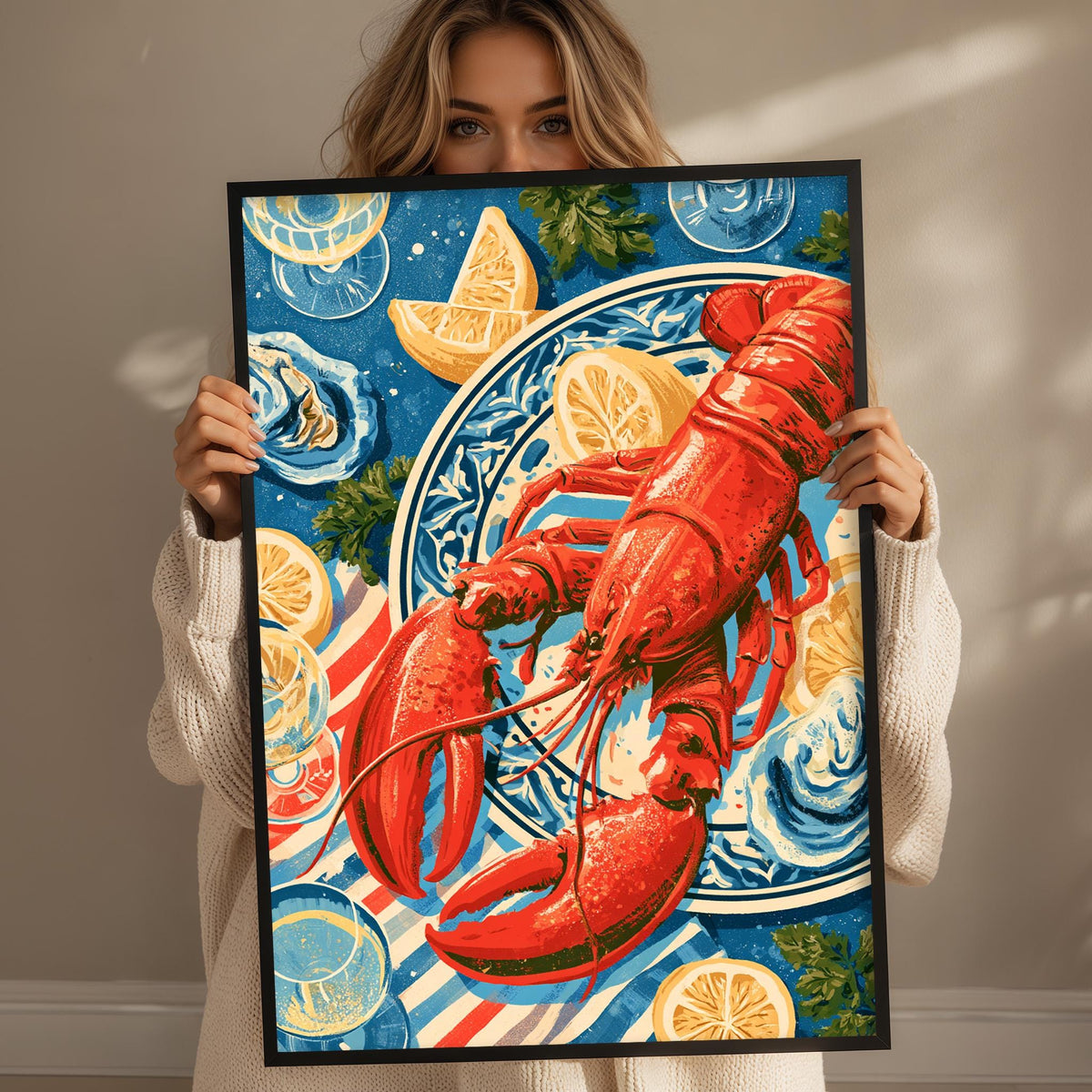 A woman holds up a framed artwork depicting a vibrant lobster surrounded by various seafood items, including oranges and other colorful elements.