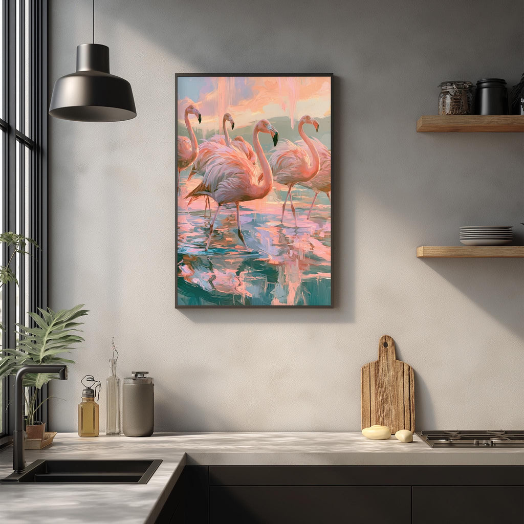 a framed painting of pink flamingos standing in a body of water, hanging on a wall above a kitchen counter.