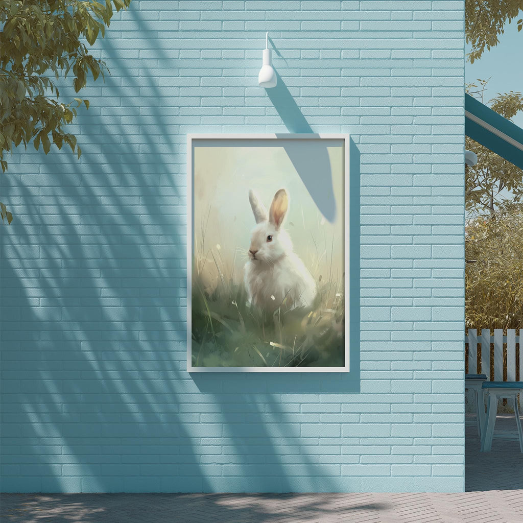 A framed painting of a white rabbit is displayed on a blue brick wall, with a white light fixture above it.