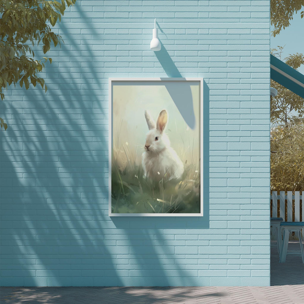 A framed painting of a white rabbit is displayed on a blue brick wall, with a white light fixture above it.