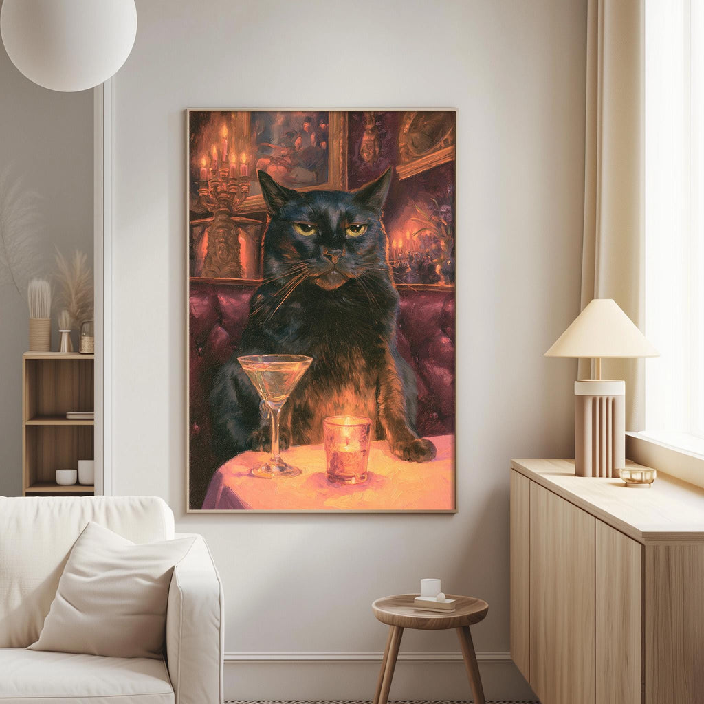 a black cat sitting at a table with a martini glass, surrounded by a cozy and elegant setting.
