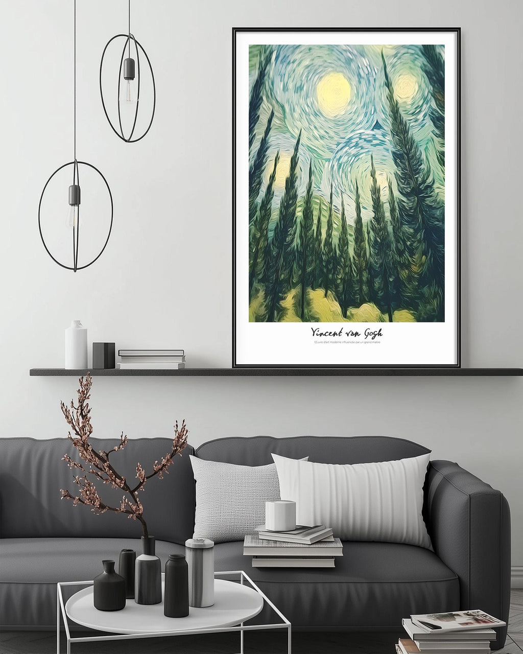 a modern living room with a gray sofa, a coffee table, and a large framed painting of Vincent van Gogh's Starry Night hanging on the wall above the sofa.