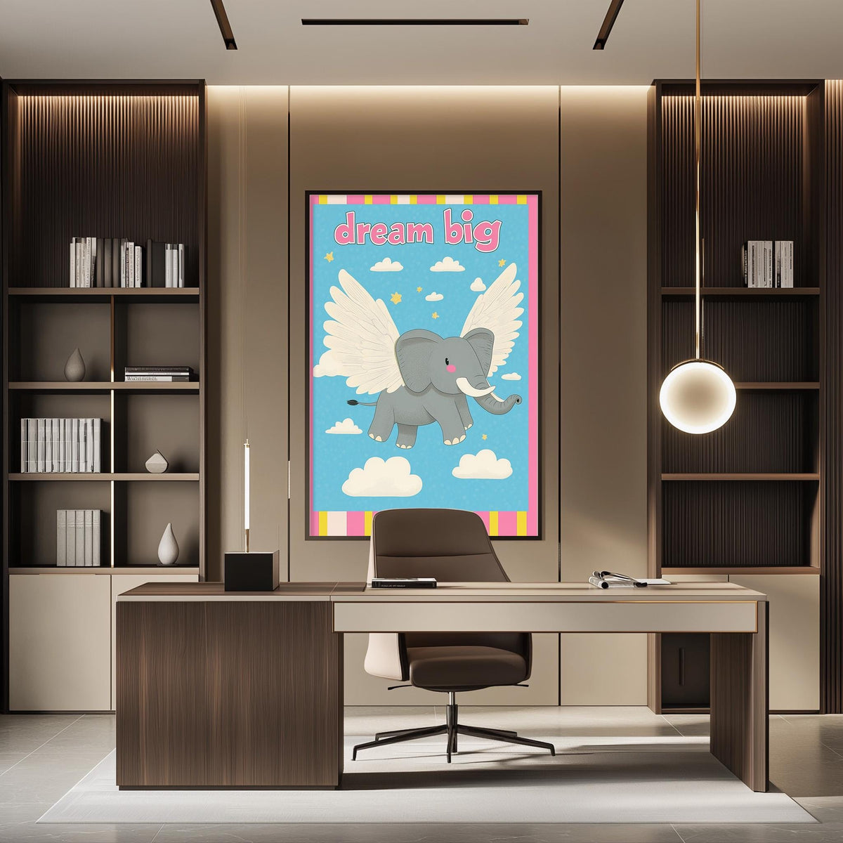 a modern office space with a large framed poster of an elephant with wings on the wall, a desk with a chair, and a bookshelf filled with books.