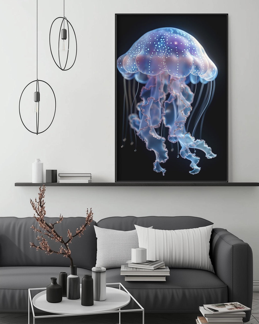 a large, colorful jellyfish painting hanging on a wall above a gray couch in a modern living room setting.