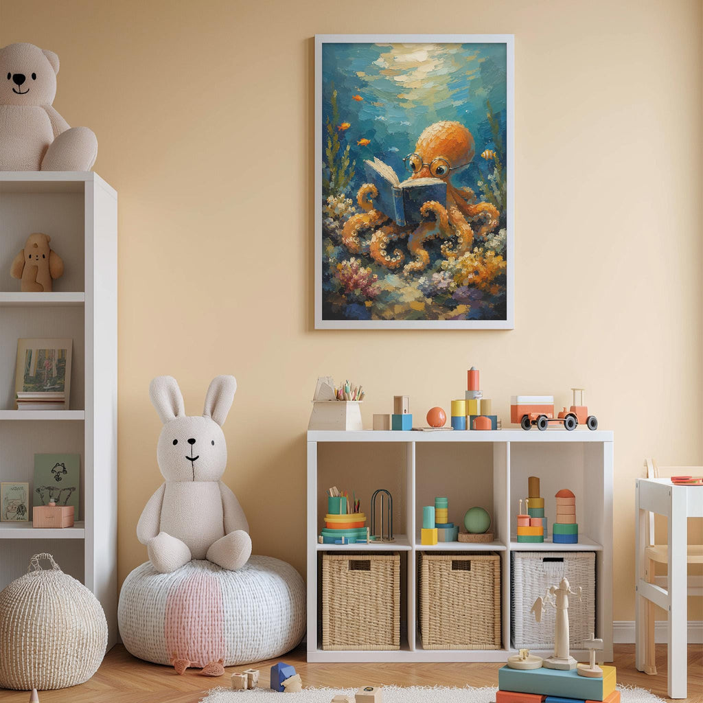 A child's bedroom with a large stuffed rabbit, a bookshelf filled with toys, and a framed painting of an octopus reading a book.
