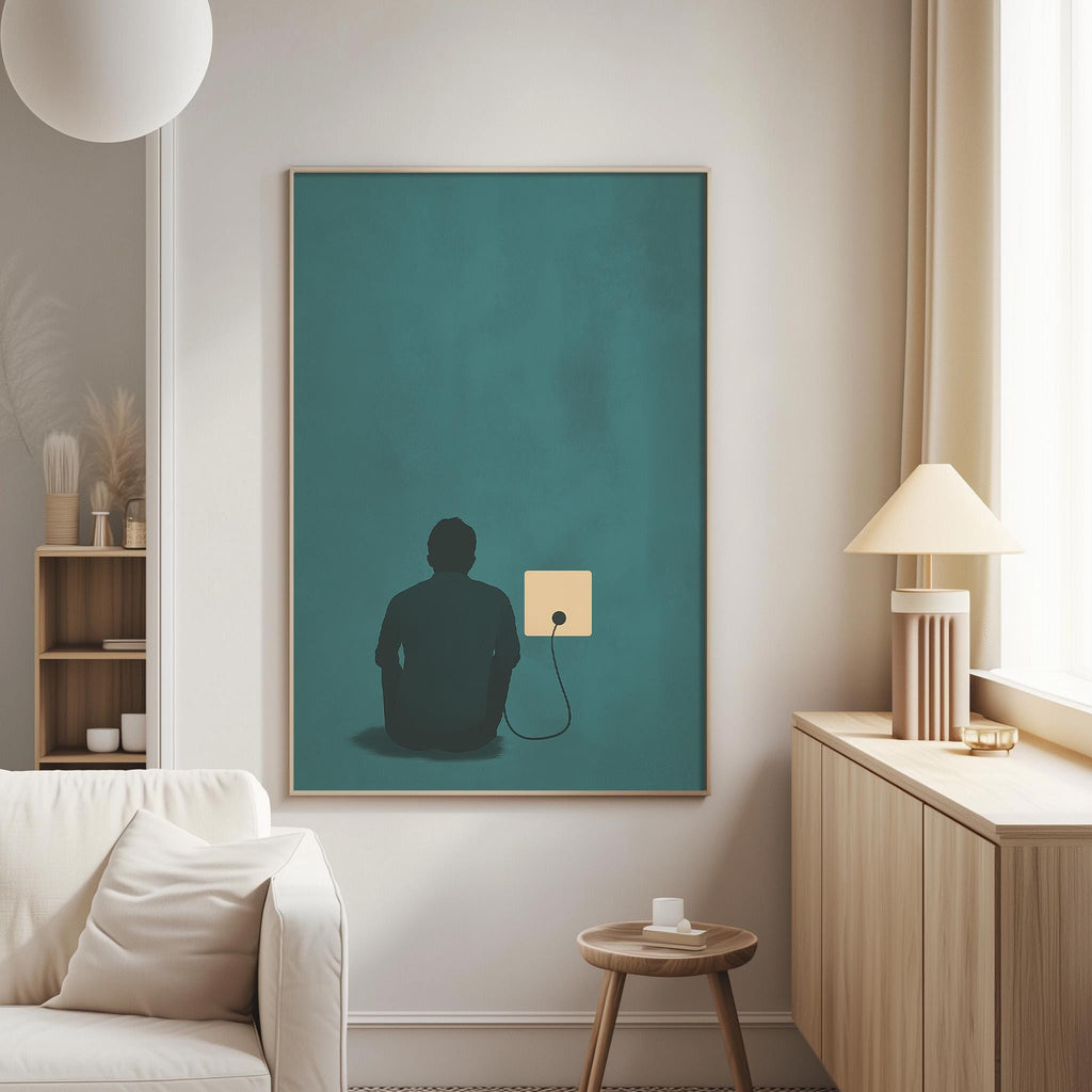 a living room with a white sofa, a wooden side table, and a framed artwork hanging on the wall.