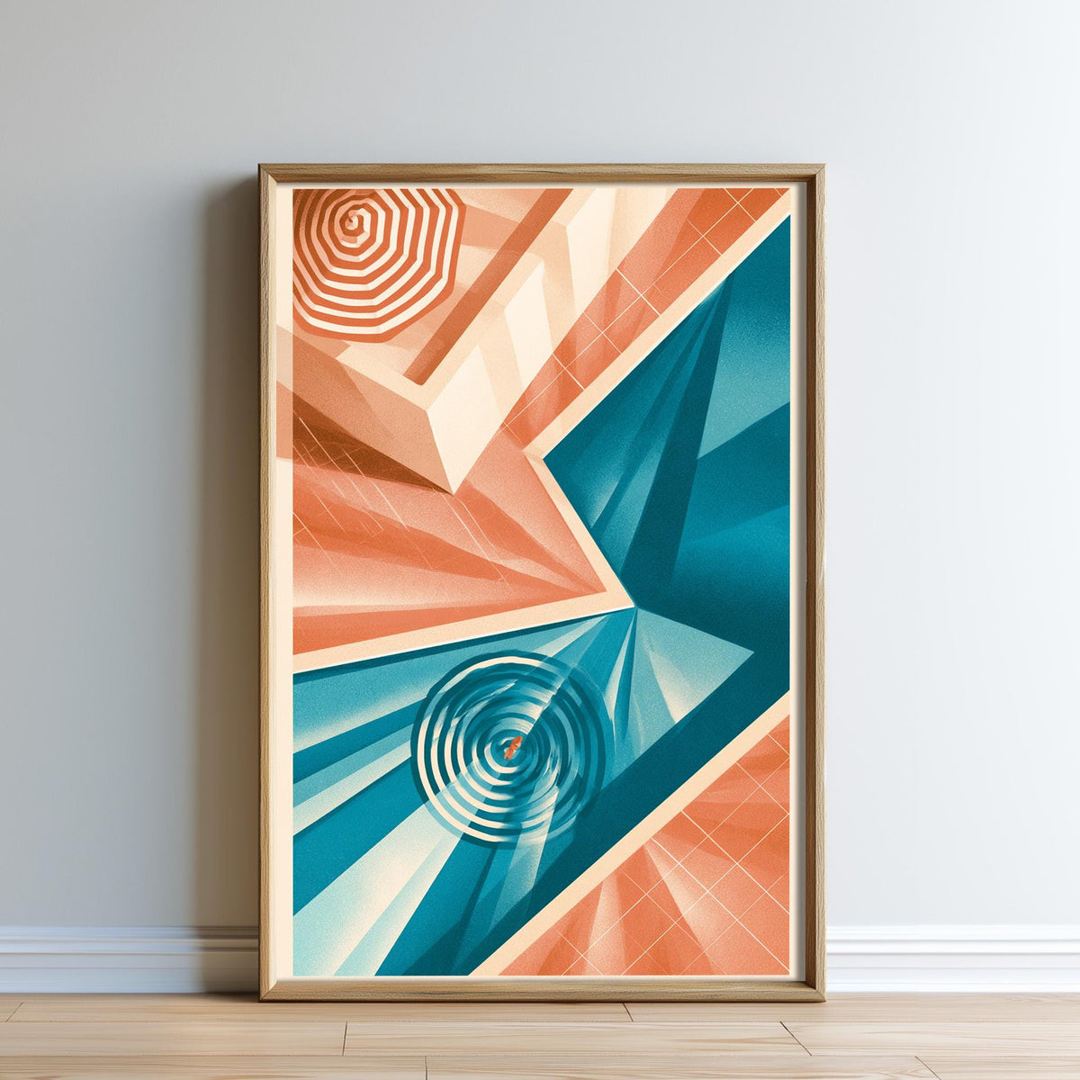 The image is a framed abstract art piece featuring geometric shapes and patterns in shades of orange, blue, and white.
