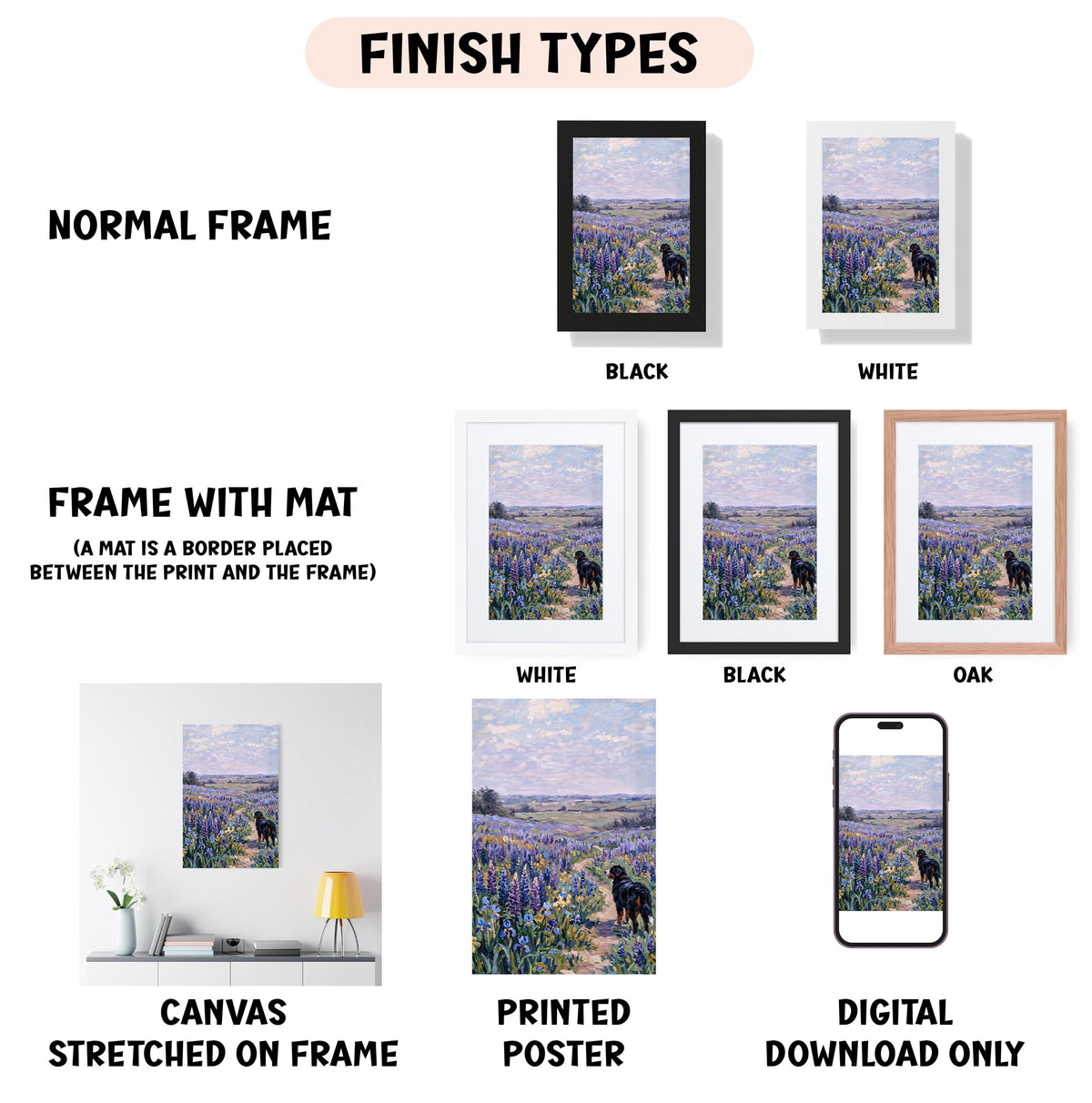 various types of artwork, including a canvas stretched on a frame, a framed photograph of a field with a dog, and a framed photograph of a field with a dog. The artwork is presented in different frame colors, such as black, white, and brown. The image also includes text that provides information about the finish types of the artwork, such as "NORMAL FRAME" and "FRAME WITH MAT (A MAT IS A BORDER PLACED BETWEEN THE PRINT AND THE FRAME)".