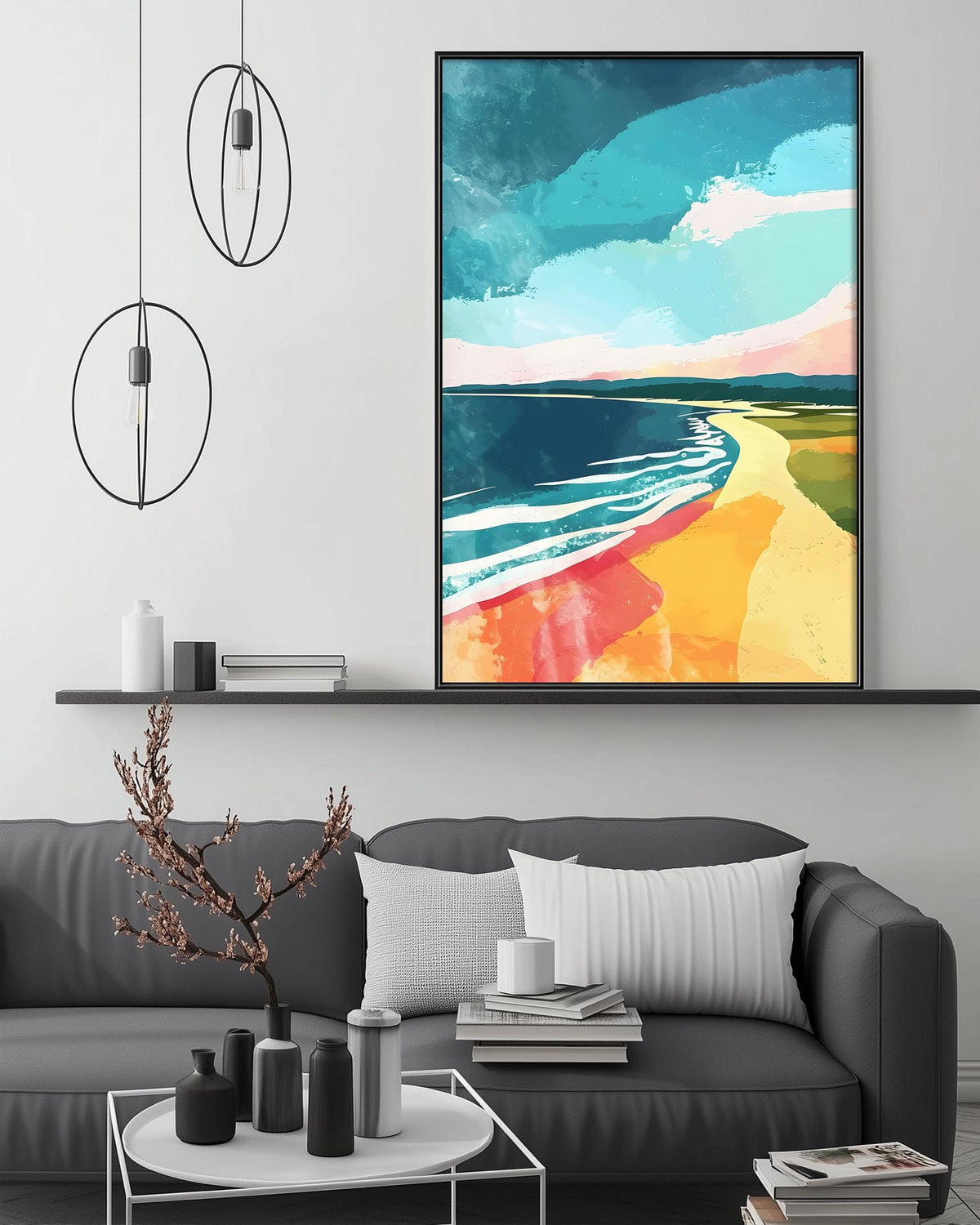 a modern living room with a gray sofa, a coffee table, and a large abstract painting hanging on the wall above the sofa.