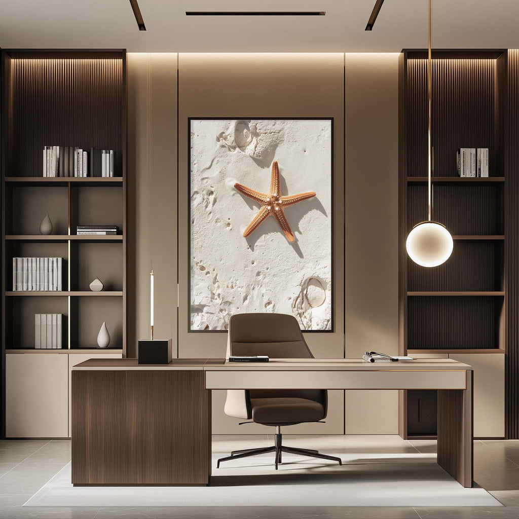 a modern and minimalist office space with a large framed artwork of a starfish on the wall. The office features a wooden desk, a comfortable-looking chair, and a bookshelf filled with books. The overall design and decor create a clean and organized atmosphere.