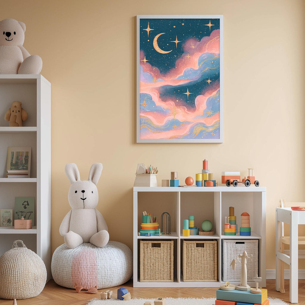 A cozy and colorful children's bedroom with a large stuffed bunny, a bookshelf, and a toy chest filled with toys. The walls are painted a light peach color, and a framed picture of a night sky with stars and a crescent moon hangs above the bed.
