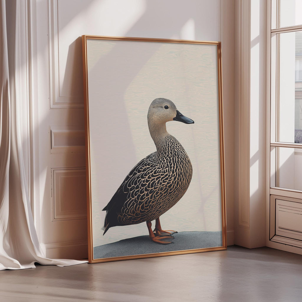 A framed image of a duck is displayed on a wall in a room with a window.