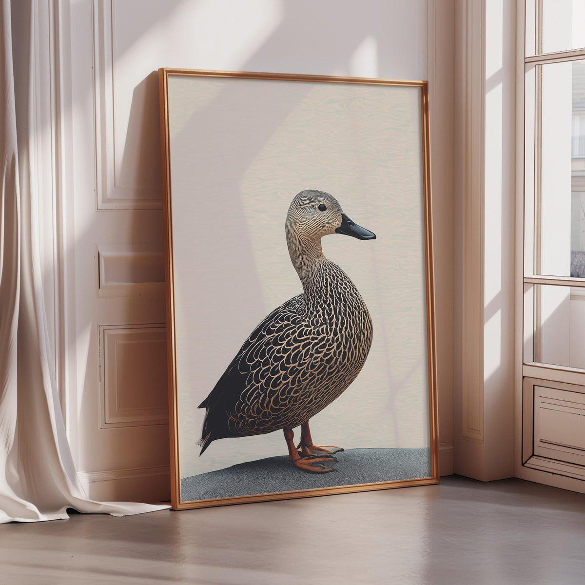 A framed image of a duck is displayed on a wall in a room with a window.