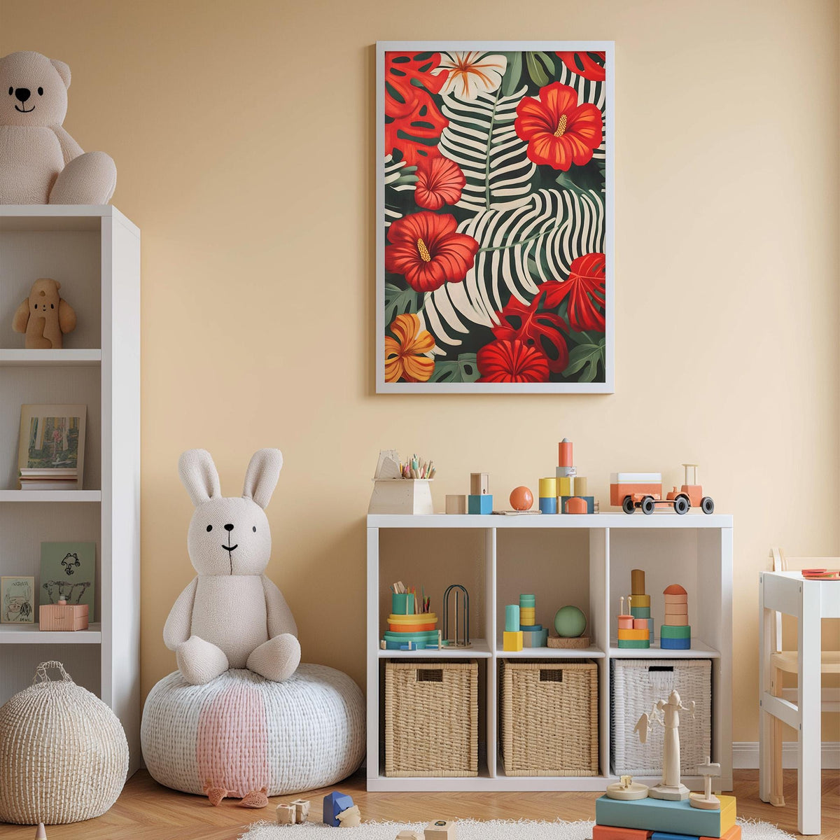 A cozy and colorful children's bedroom with a large stuffed rabbit, a bookshelf, and a toy chest filled with toys. The walls are painted a light peach color, and a framed floral print is displayed above the bookshelf.