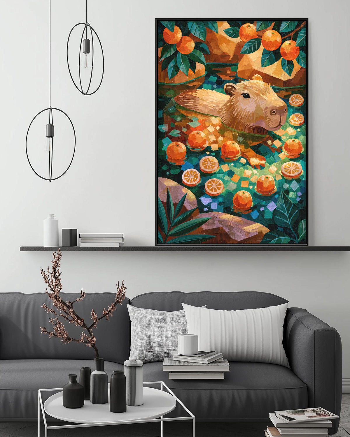 a large, colorful painting of a beaver surrounded by an abundance of oranges, placed above a gray couch in a living room setting.