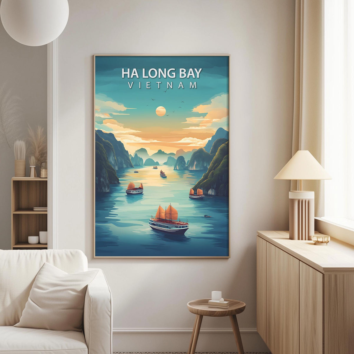 a poster of Ha Long Bay in Vietnam hanging on a wall in a living room.