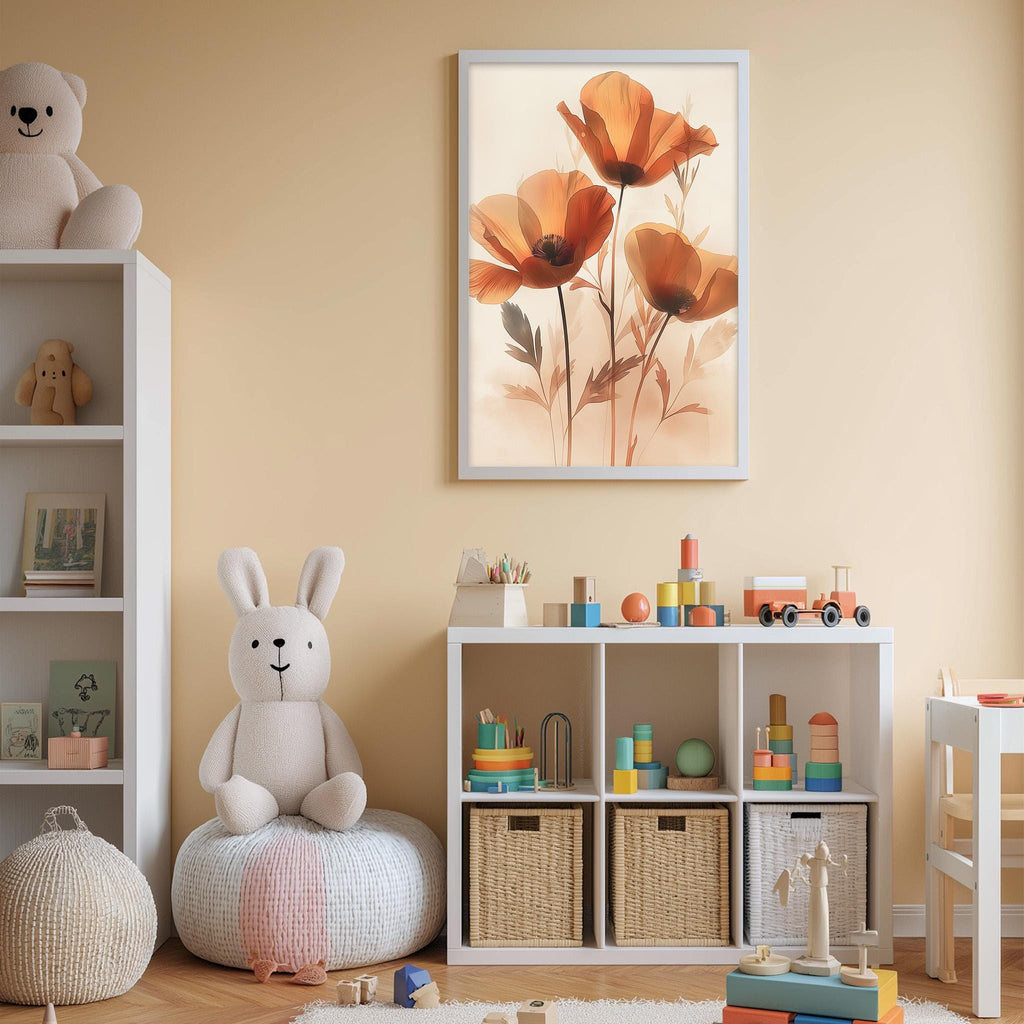 A cozy and colorful children's bedroom with a large framed print of orange flowers on the wall, a white bookshelf filled with toys, and a plush rabbit sitting on a bean bag chair.