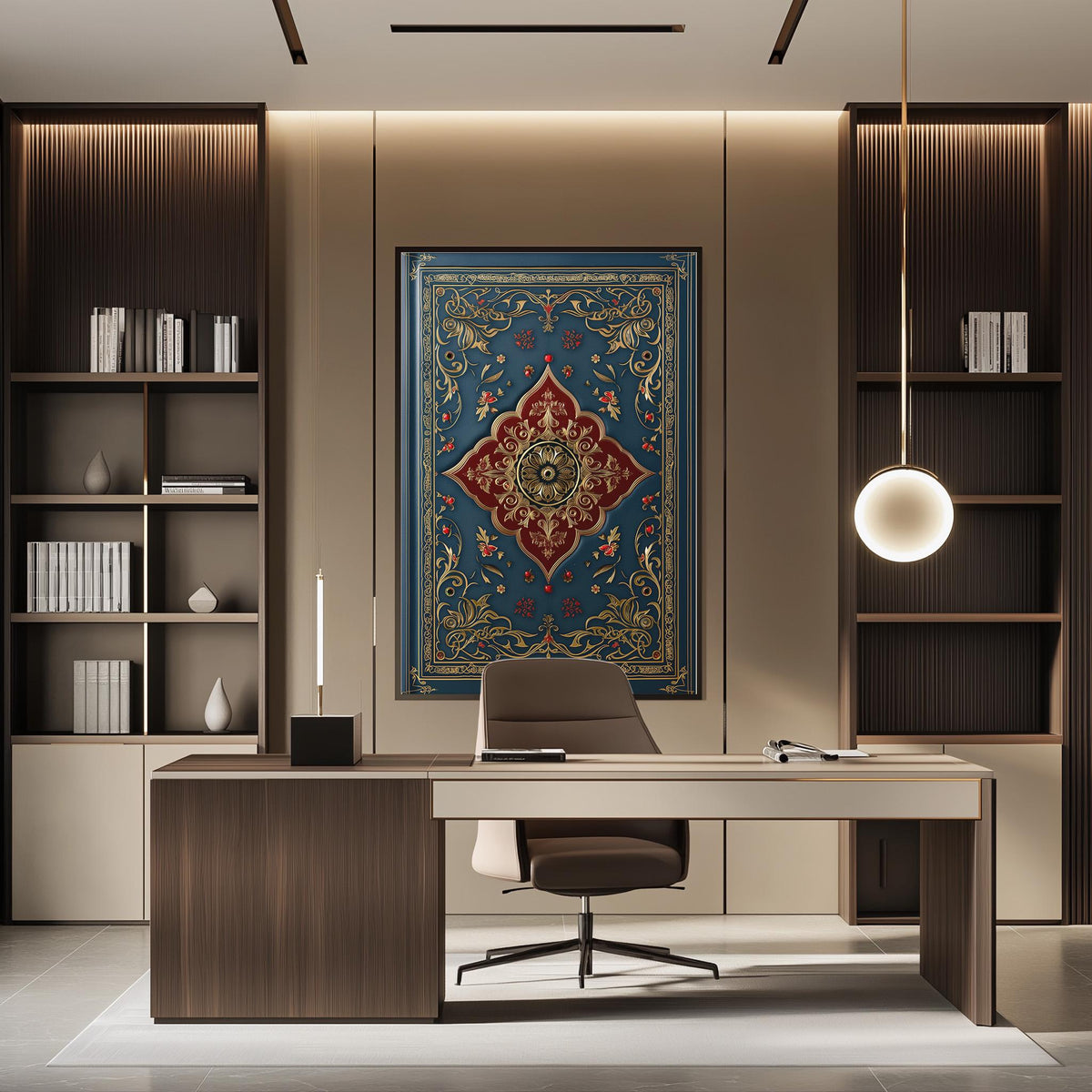 a modern and stylish office space with a large, ornate rug on the floor, a wooden desk with a chair, and built-in bookshelves.