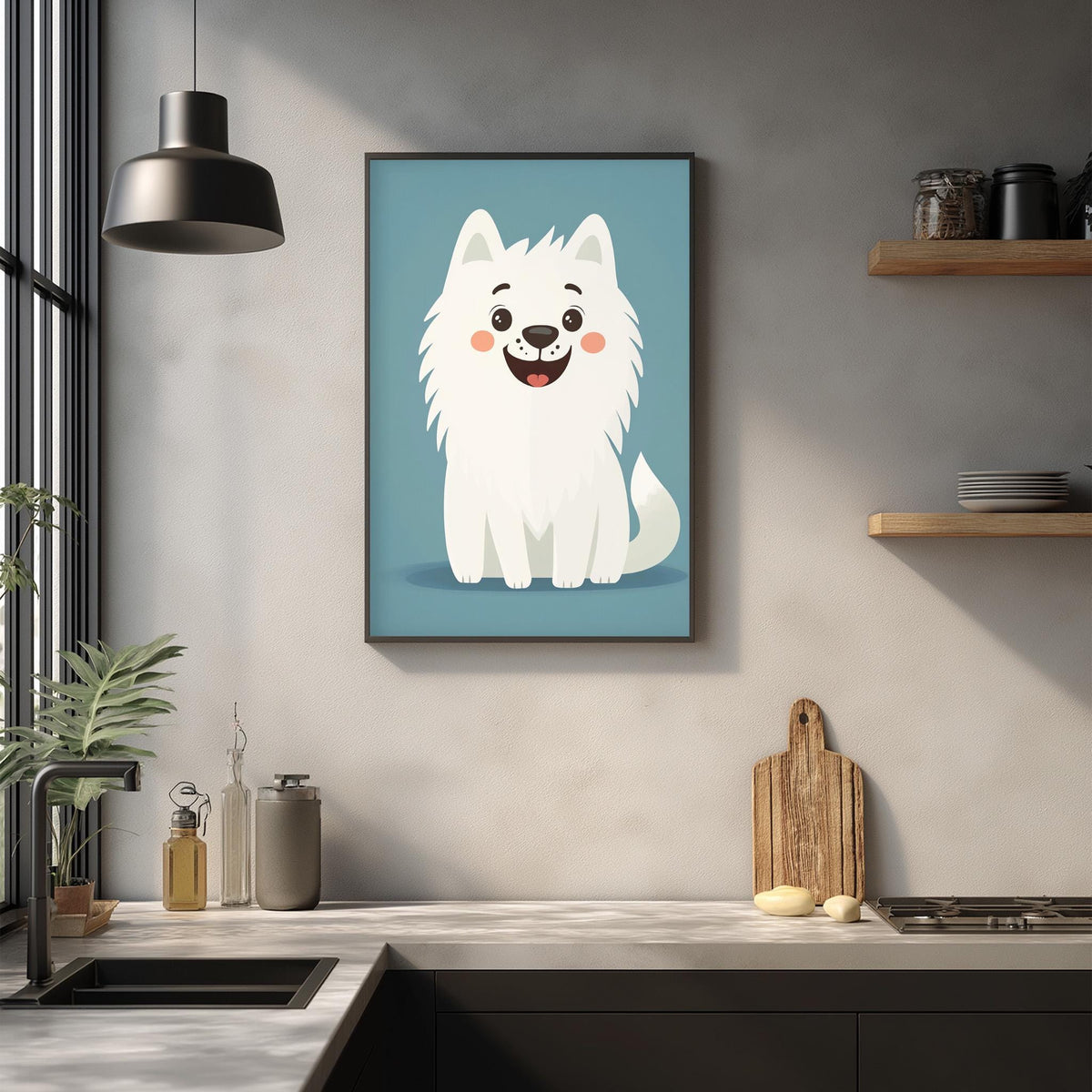 a kitchen scene with a framed illustration of a smiling white dog on the wall.
