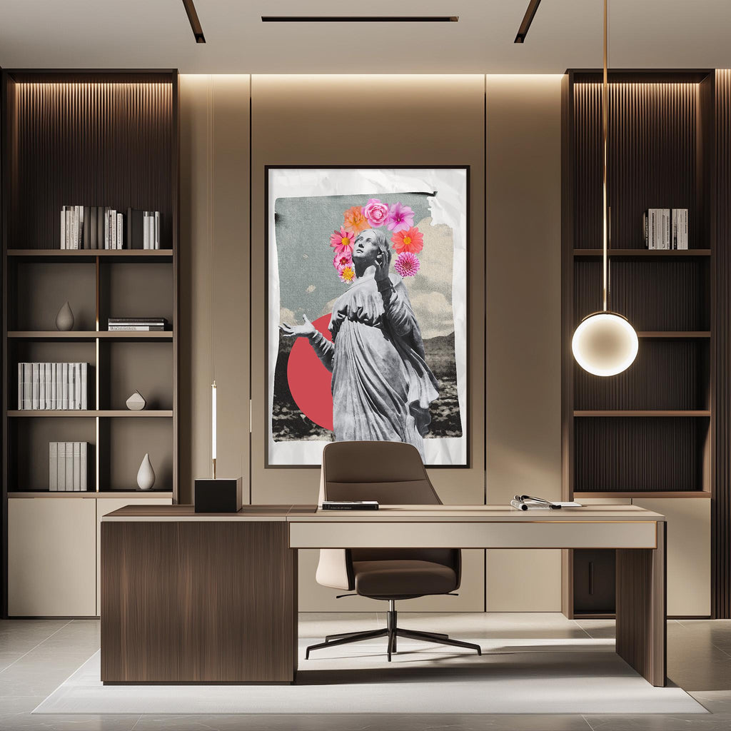 a modern office space with a large framed artwork of a woman with a floral headpiece on the wall. The office has a wooden desk, a chair, and a bookshelf filled with books. The overall design and decor create a stylish and professional atmosphere.