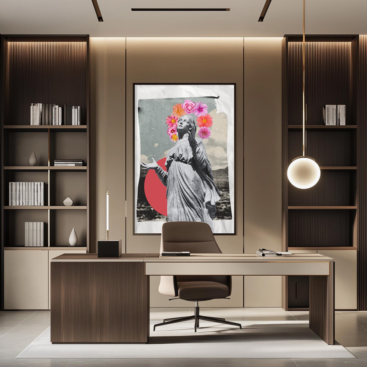a modern office space with a large framed artwork of a woman with a floral headpiece on the wall. The office has a wooden desk, a chair, and a bookshelf filled with books. The overall design and decor create a stylish and professional atmosphere.