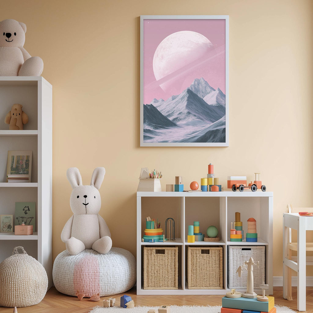 A child's bedroom with a large stuffed rabbit, a bookshelf, and a toy storage unit. The walls are painted a light peach color, and there is a framed picture of a mountain landscape with a large moon in the background.