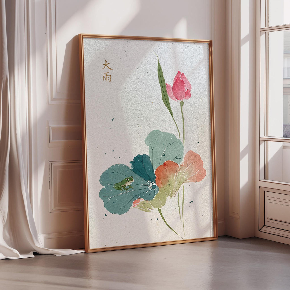 A framed painting of a pink flower and green leaves is displayed on a wall in a room with a window.