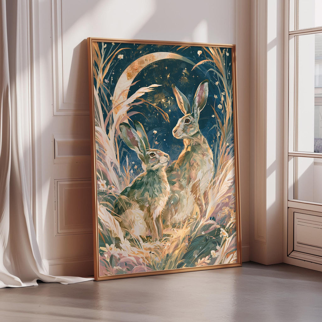 a painting of two rabbits in a lush, natural setting, with a crescent moon and stars in the background.