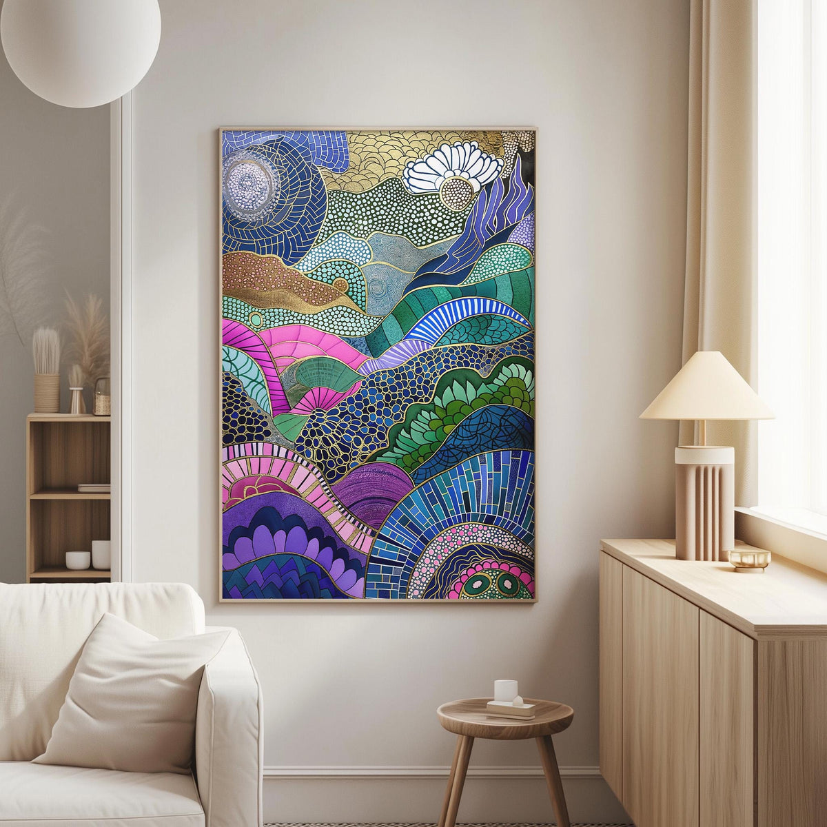 a large, colorful abstract painting hanging on a wall in a living room. The painting is a vibrant display of various shapes, patterns, and colors, creating a visually striking and dynamic composition.