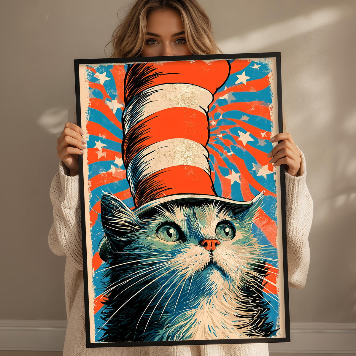 A woman is holding up a framed poster featuring a cat wearing a red and white striped hat with a star pattern.