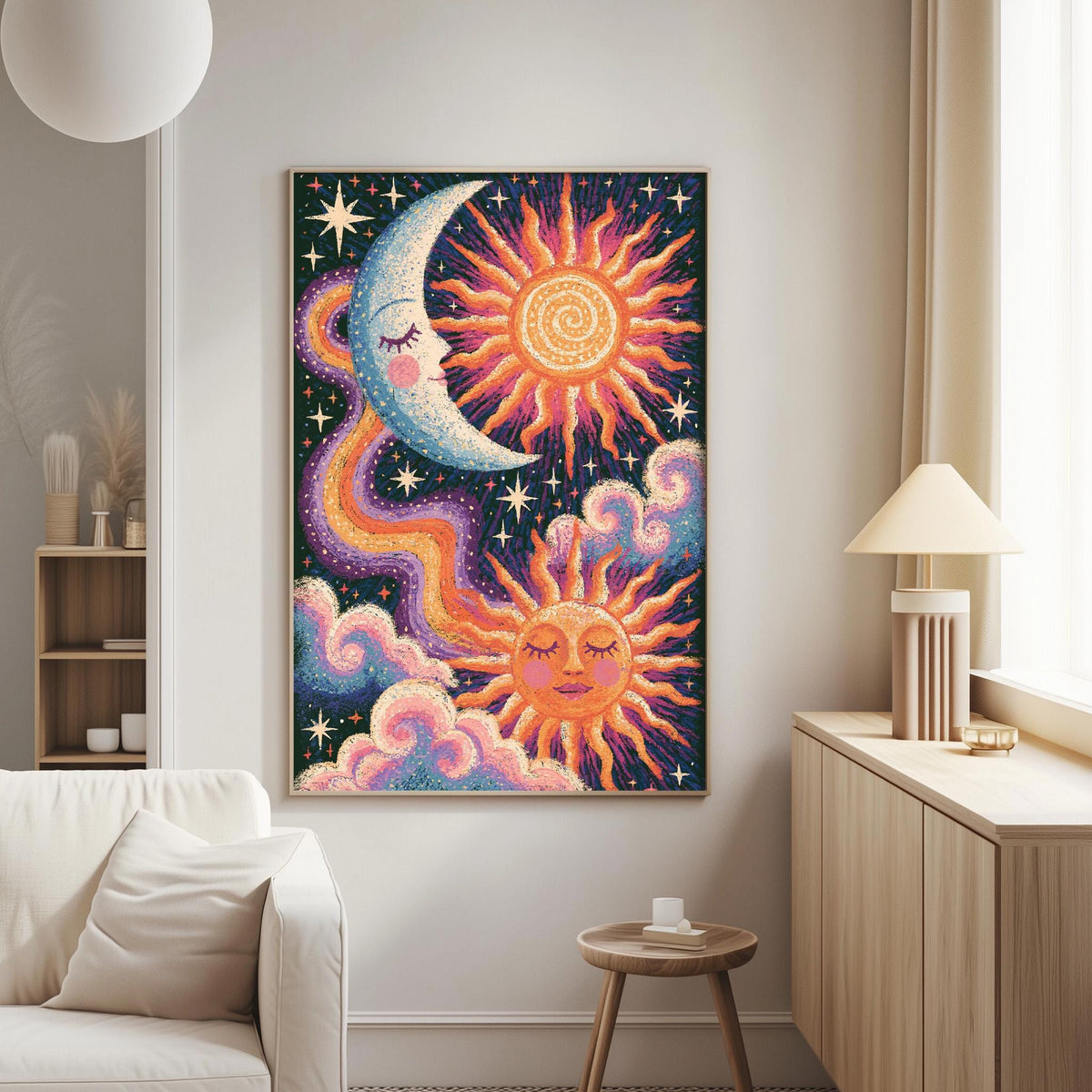 a vibrant, colorful painting of a crescent moon, sun, and clouds hanging on a wall in a cozy living room setting.