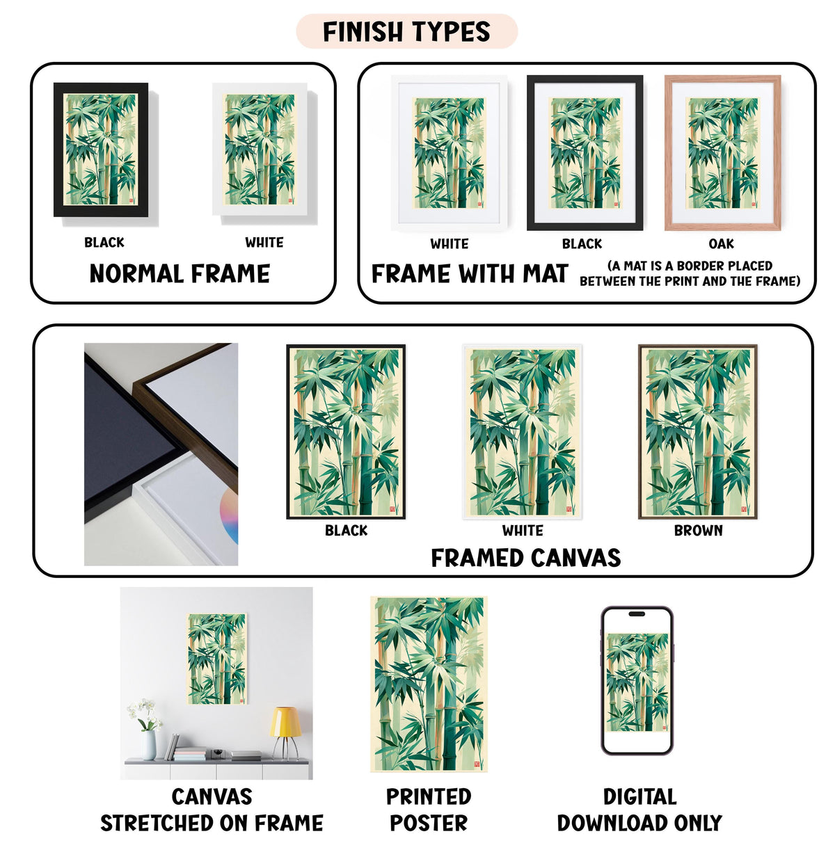 various types of framed artwork, including paintings and posters, with different finishes and mat colors. It also includes images of a canvas stretched on a frame and a printed poster. The text provides information about the finish types and mat colors for each artwork.