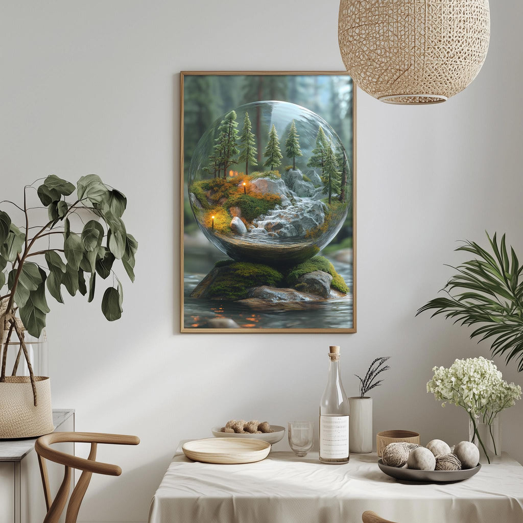 a framed painting of a glass terrarium containing a miniature forest scene, with a waterfall and mossy rocks. The painting is hung on a wall above a dining table with various decorative items, including potted plants, vases, and a bowl of fruit.