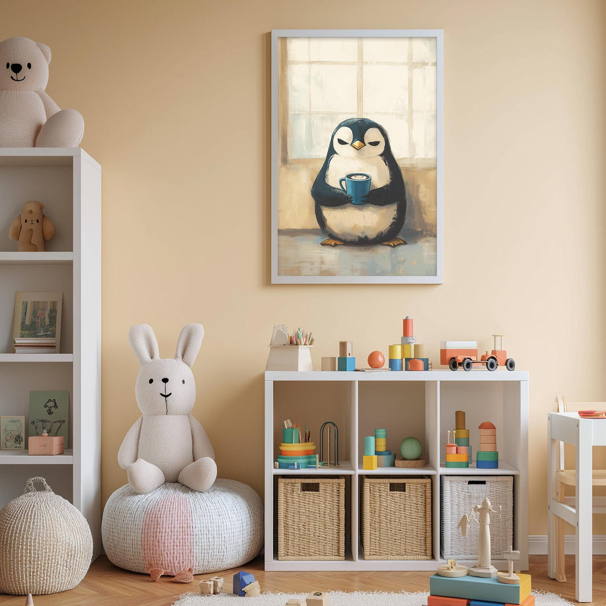 A cozy children's room with a stuffed rabbit, a stuffed penguin, and a bookshelf filled with toys and books. A framed painting of a penguin holding a cup is displayed on the wall above the bookshelf.