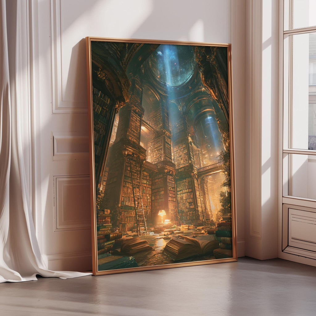 The image is a large framed painting depicting a fantastical, medieval-style library with towering bookshelves, arched doorways, and a central fireplace.