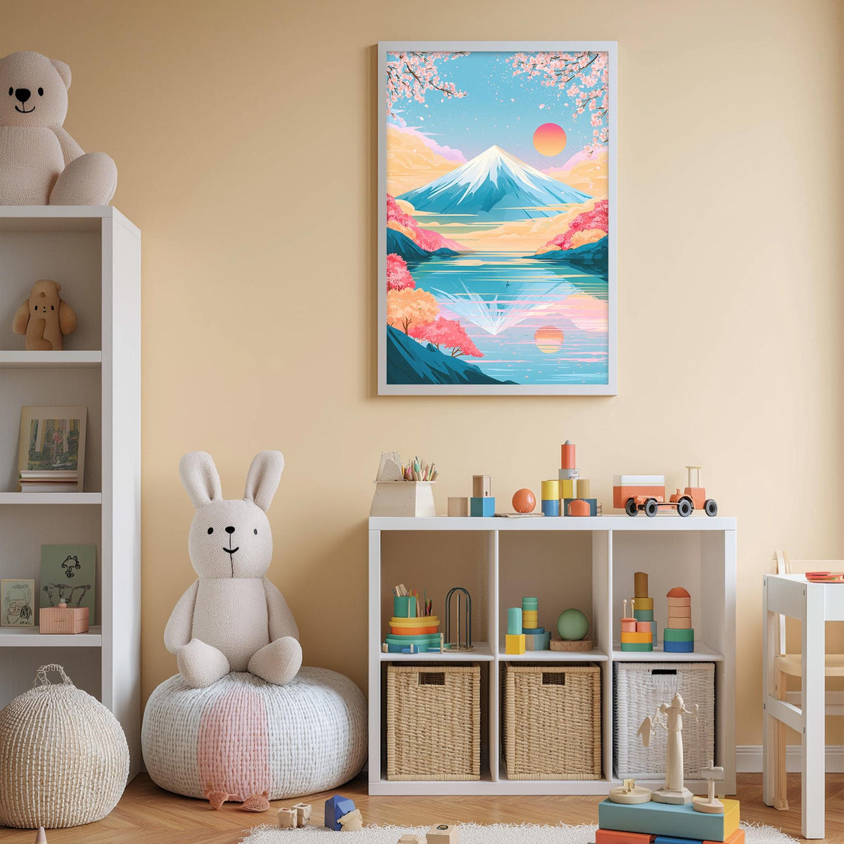 A child's bedroom with a large framed poster of a mountain landscape with a sunset, a stuffed rabbit, a toy shelf with various toys, and a woven basket.