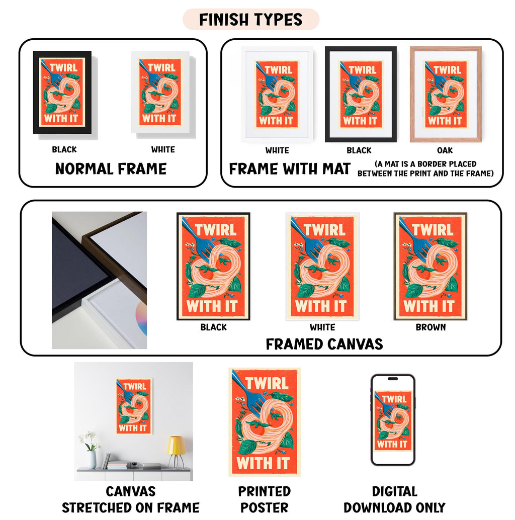 various images of a poster or artwork with the title "TWILIGHT WITH IT" displayed in different frames and styles, including a black and white, white, black, oak, and framed canvas. The images also show the finished product in different frames, such as a stretched canvas, a printed poster, and a digital download.