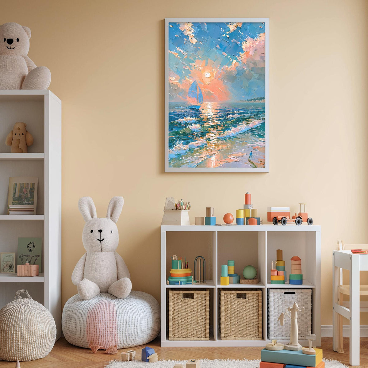 A cozy children's room with a large painting of a seascape hanging on the wall, a white bookshelf filled with toys, and a plush rabbit sitting on a bean bag chair.