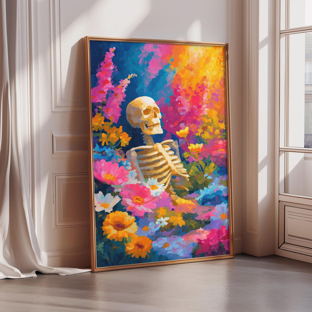 a large, colorful painting of a skeleton surrounded by a vibrant array of flowers and foliage.