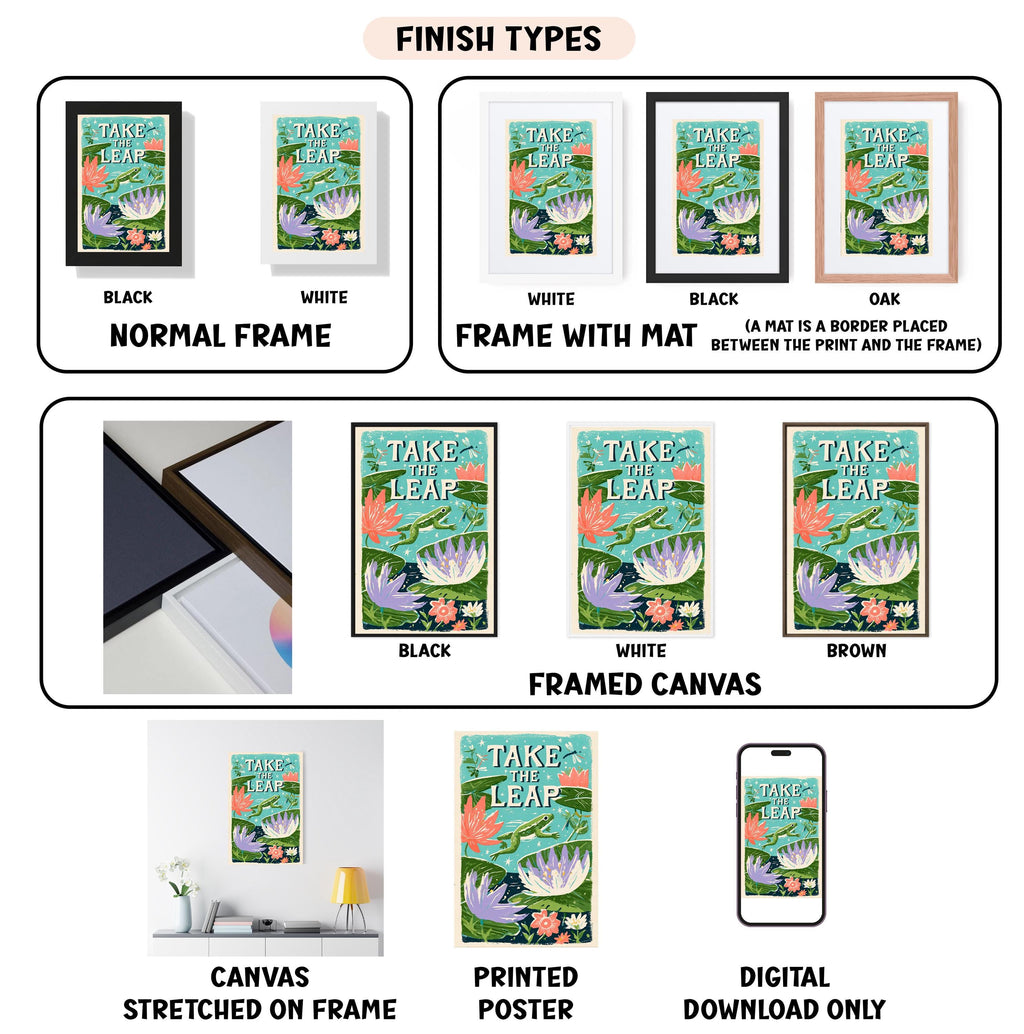 various images of a poster or artwork titled "Take-a-leaf" displayed in different frames and formats, including a canvas stretched on a frame, a framed canvas, a printed poster, and a digital download.