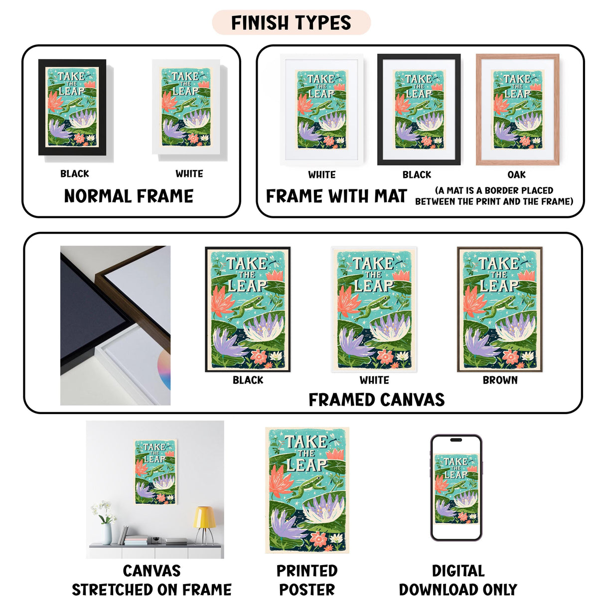 various images of a poster or artwork titled "Take-a-leaf" displayed in different frames and formats, including a canvas stretched on a frame, a framed canvas, a printed poster, and a digital download.